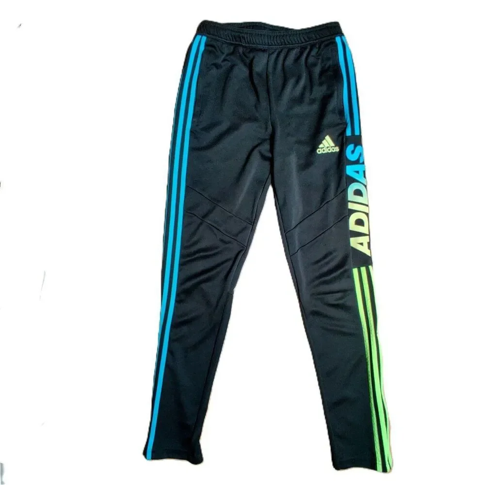 Adidas Boys Large 13-14 Track Pants Black Blue Green Logo 3 Stripe Athletic Kids